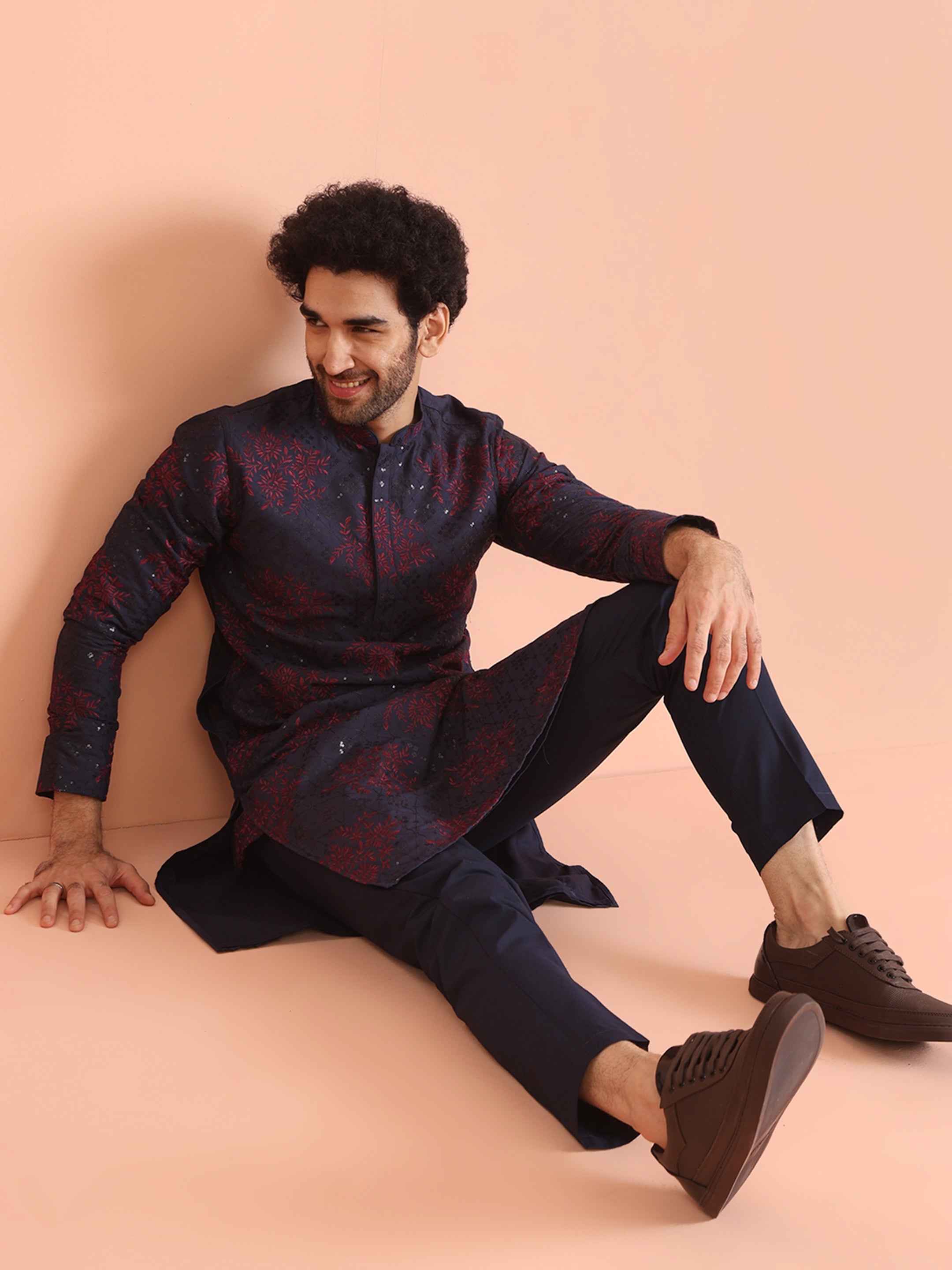 Navy Blue Cotton Blend Embroidered Mid Kurta Trouser Set