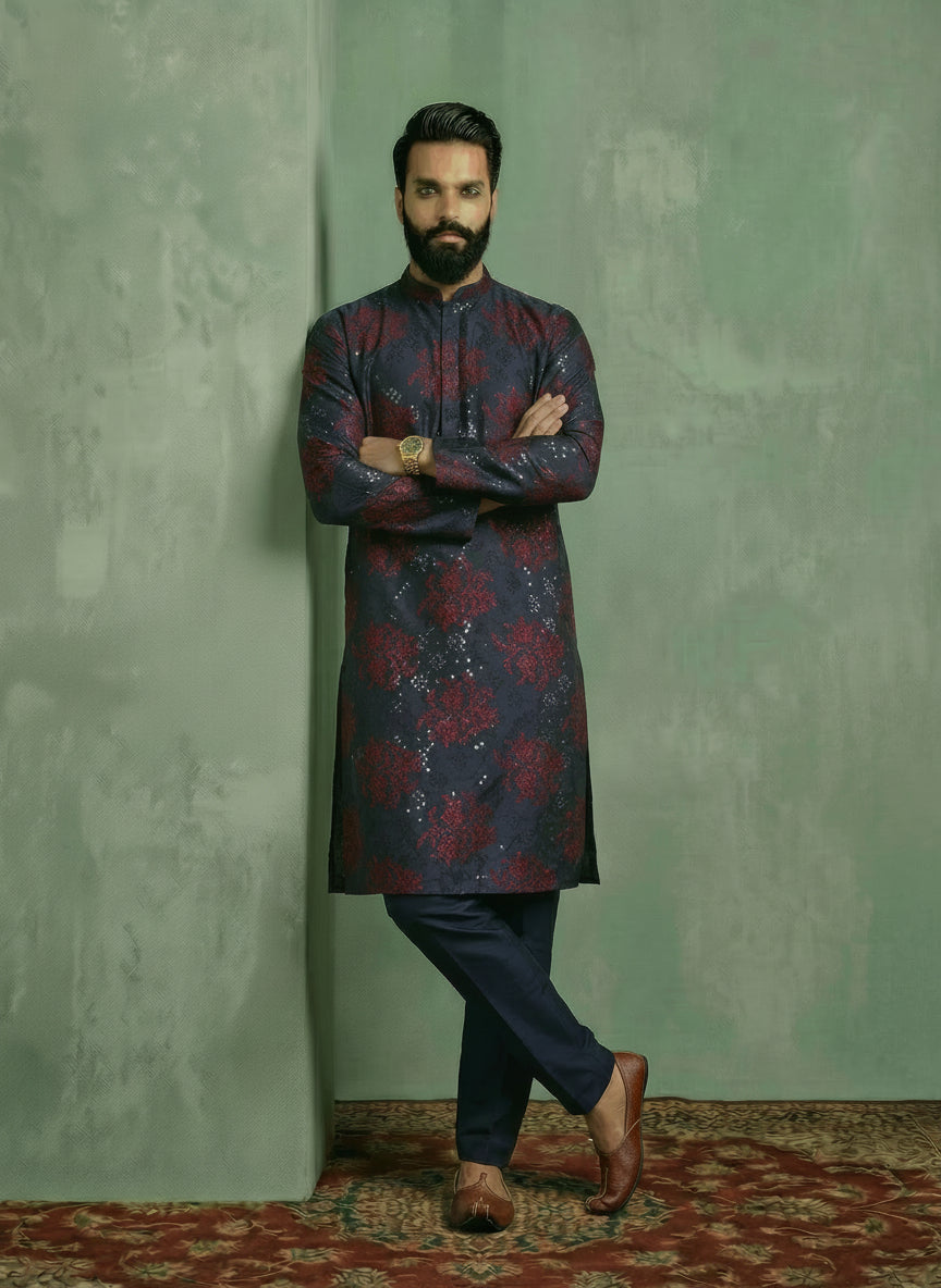 Navy Blue Cotton Blend Embroidered Mid Kurta Trouser Set