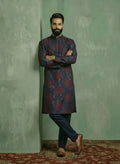 Navy Blue Cotton Blend Embroidered Mid Kurta Trouser Set
