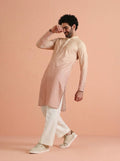 Beige Cotton Blend Schiffli Embellished Kurta Wide Leg Trouser Set