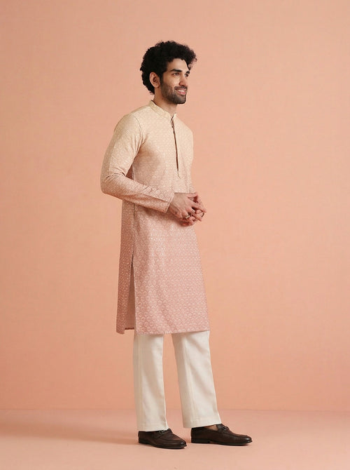 Beige Cotton Blend Schiffli Embellished Kurta Wide Leg Trouser Set