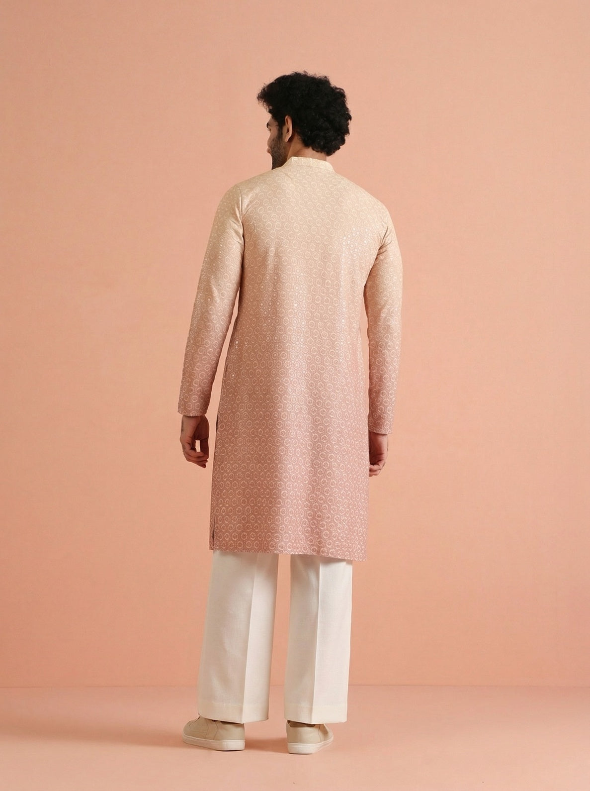 Beige Cotton Blend Schiffli Embellished Kurta Wide Leg Trouser Set