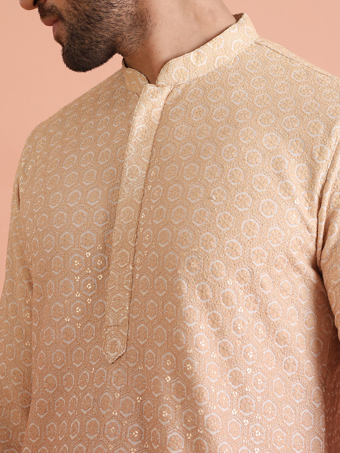 Beige Cotton Blend Schiffli Embellished Kurta Wide Leg Trouser Set