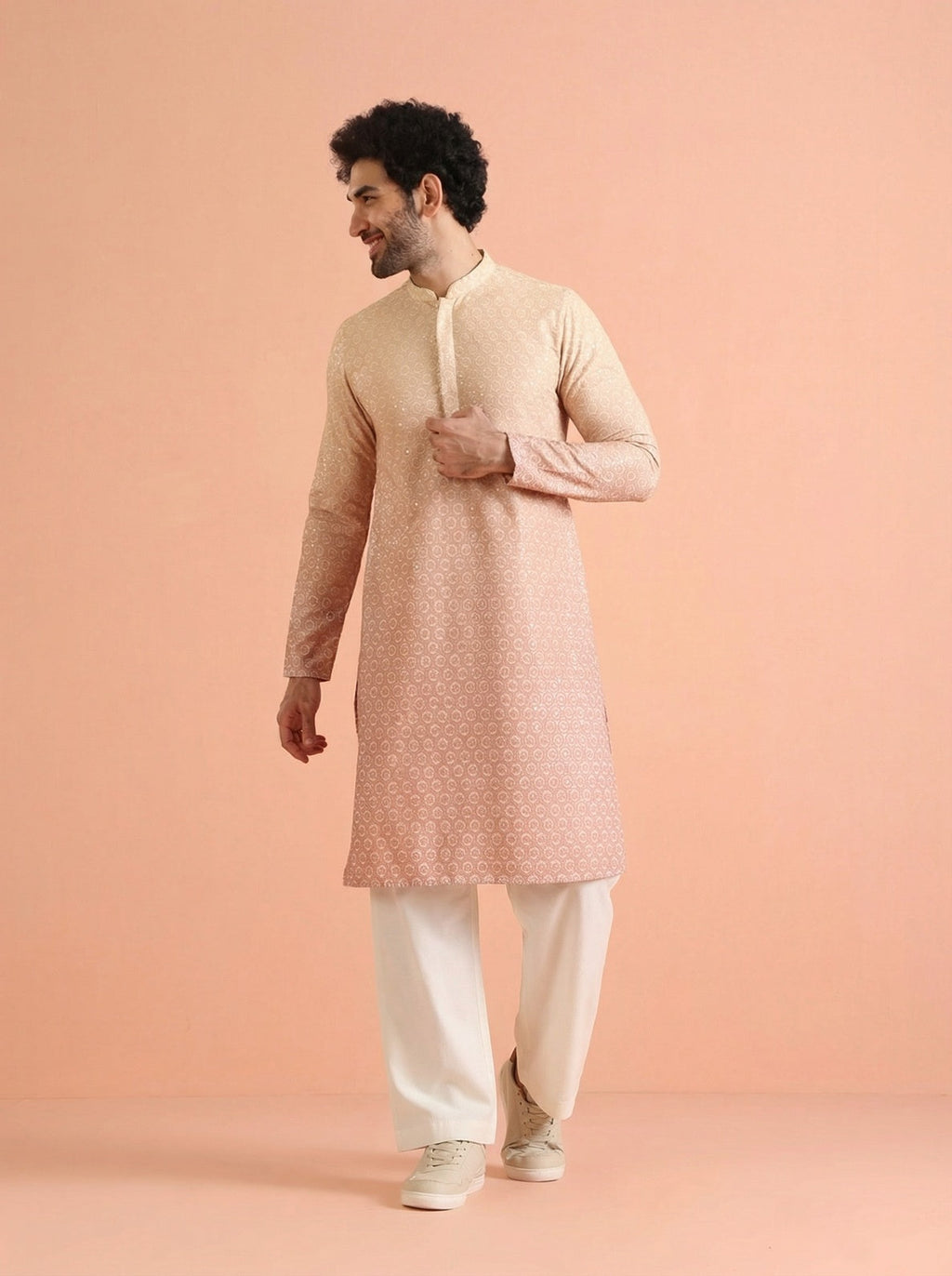Beige Cotton Blend Schiffli Embellished Kurta Wide Leg Trouser Set
