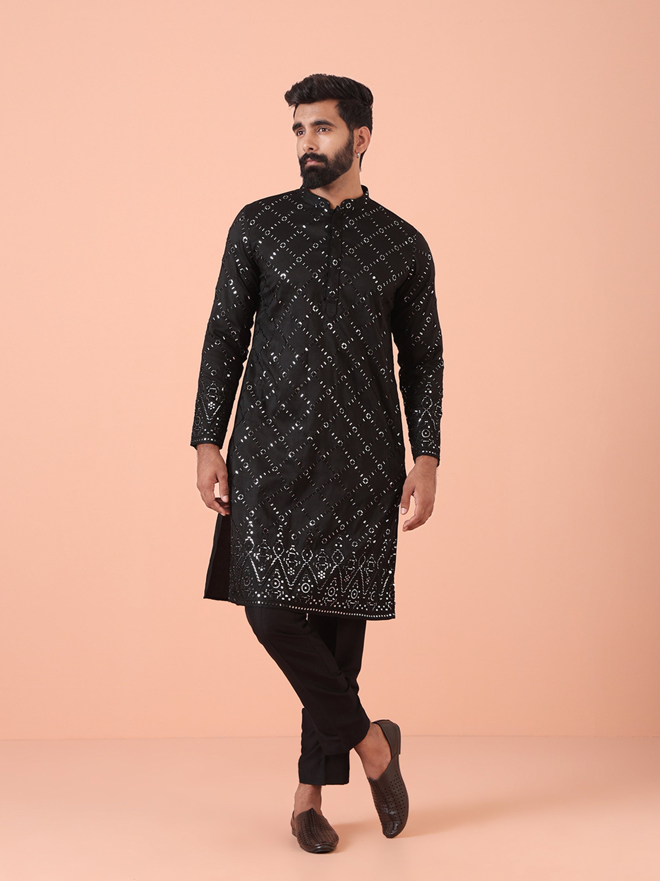 Charcoal Black Cotton Blend Embellished Kurta Trouser Set