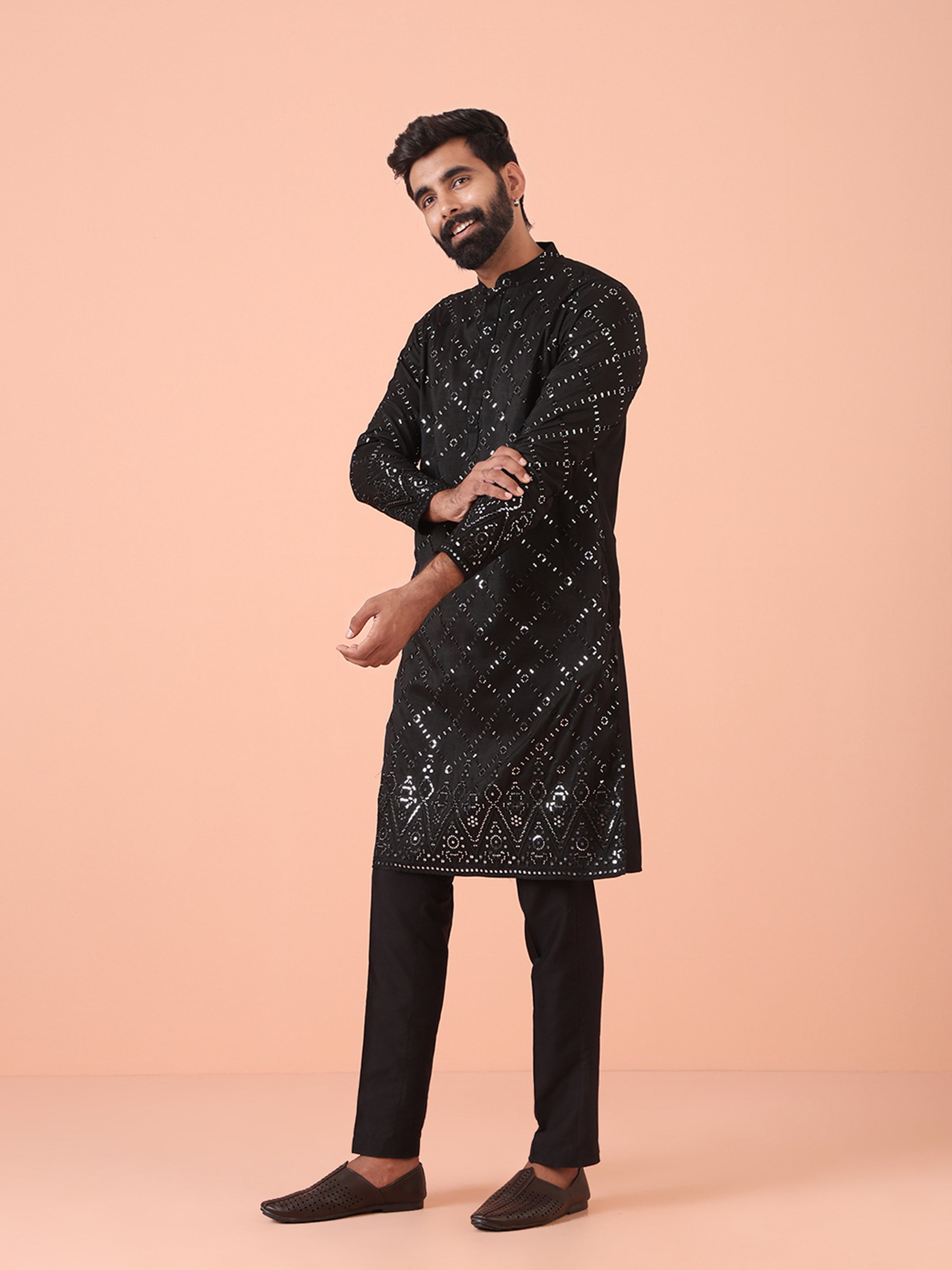 Charcoal Black Cotton Blend Embellished Kurta Trouser Set