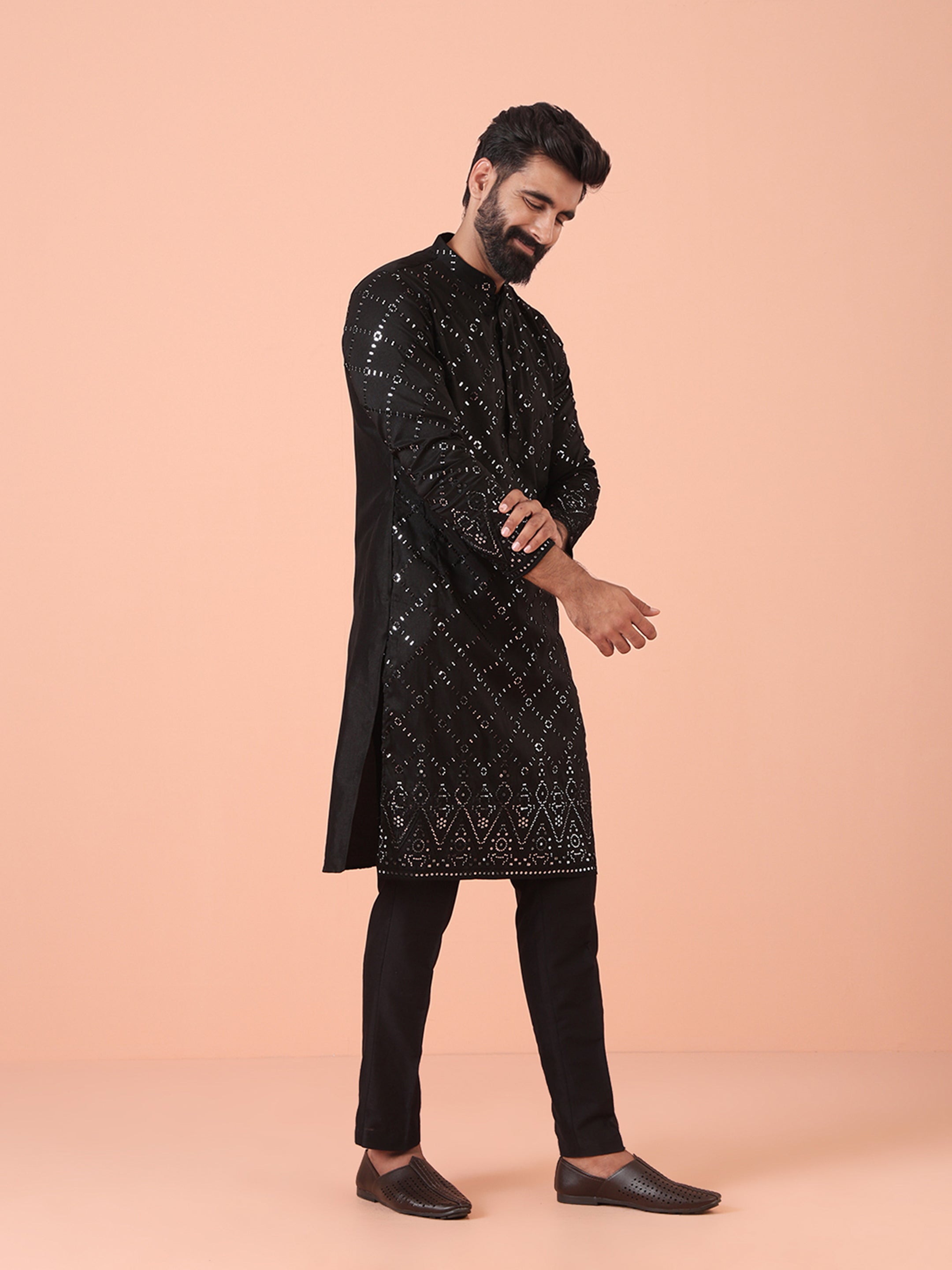 Charcoal Black Cotton Blend Embellished Kurta Trouser Set