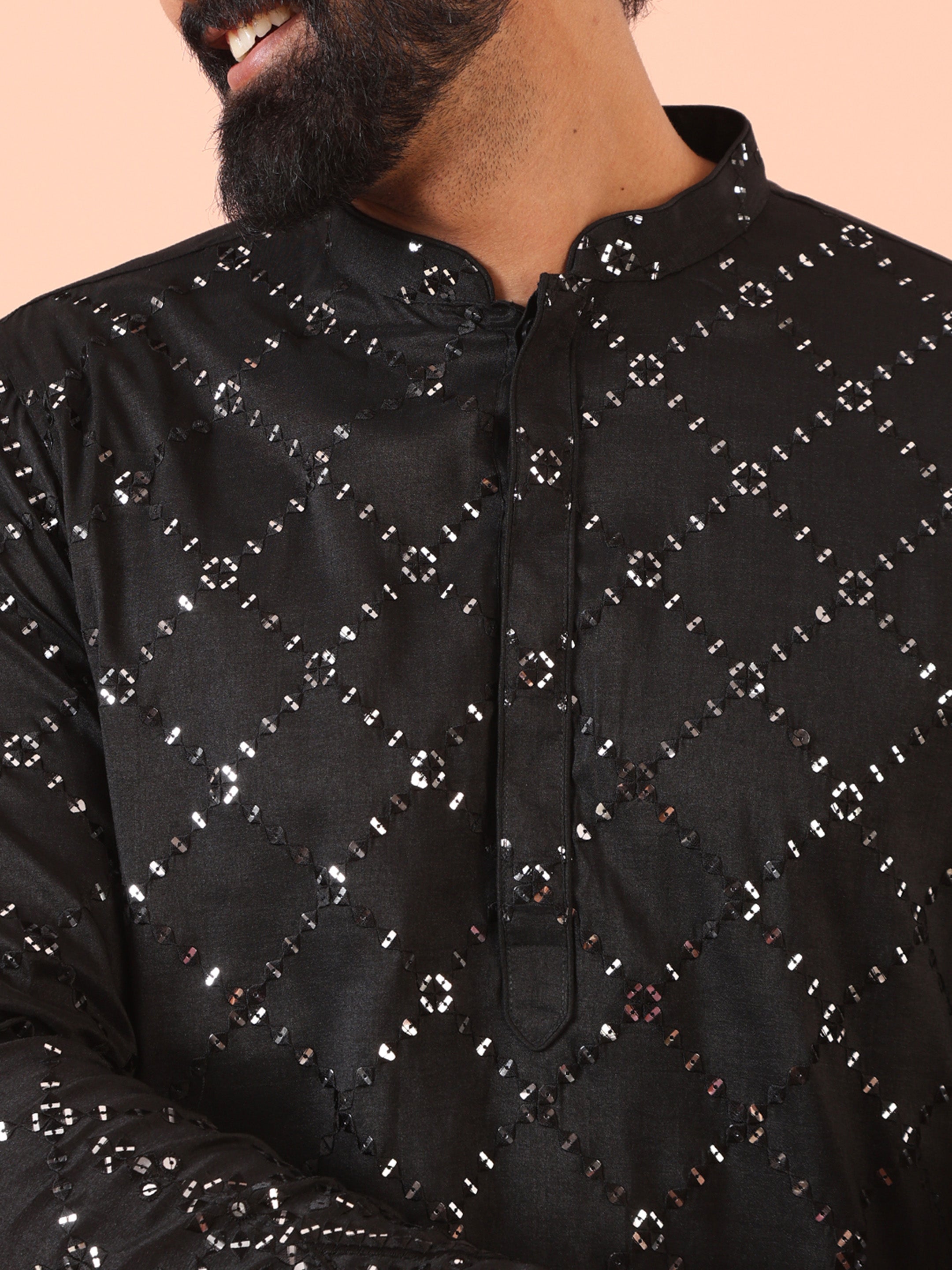 Charcoal Black Cotton Blend Embellished Kurta Trouser Set