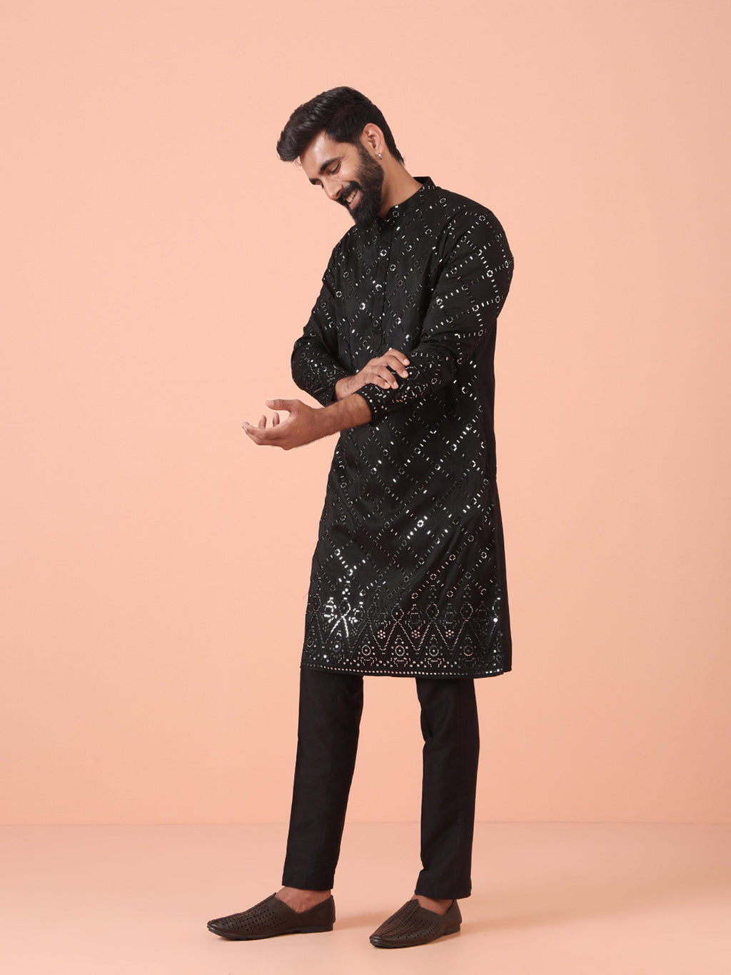 Charcoal Black Cotton Blend Embellished Kurta Trouser Set