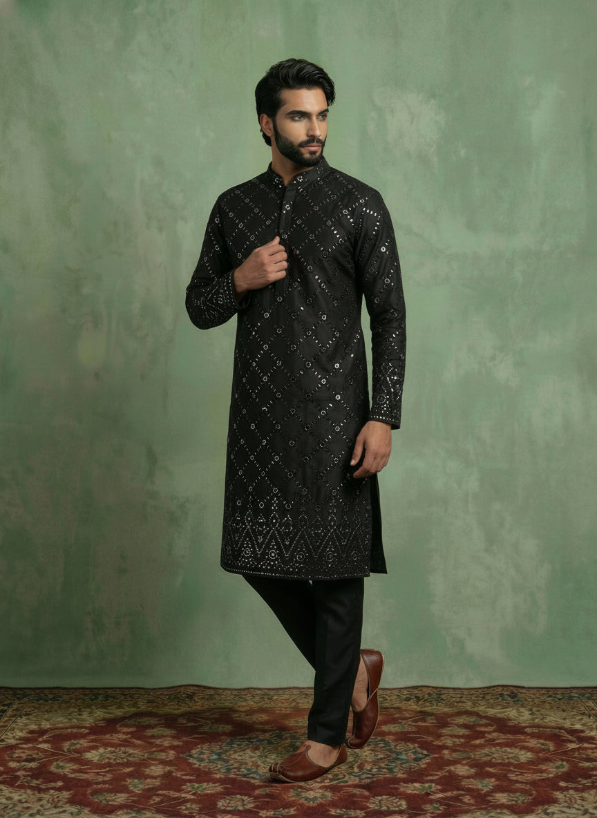 Charcoal Black Cotton Blend Embellished Kurta Trouser Set