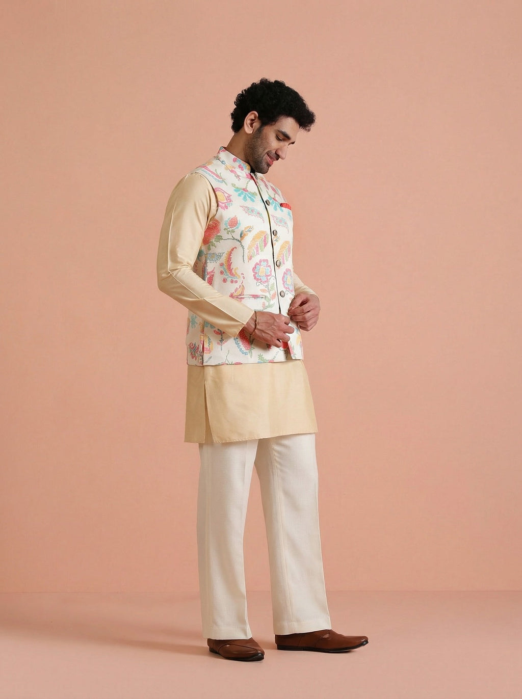 Cream Cotton Blend Printed Mid Kurta Jacket Wide Leg Trouser Set
