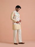 Cream Cotton Blend Printed Mid Kurta Jacket Wide Leg Trouser Set