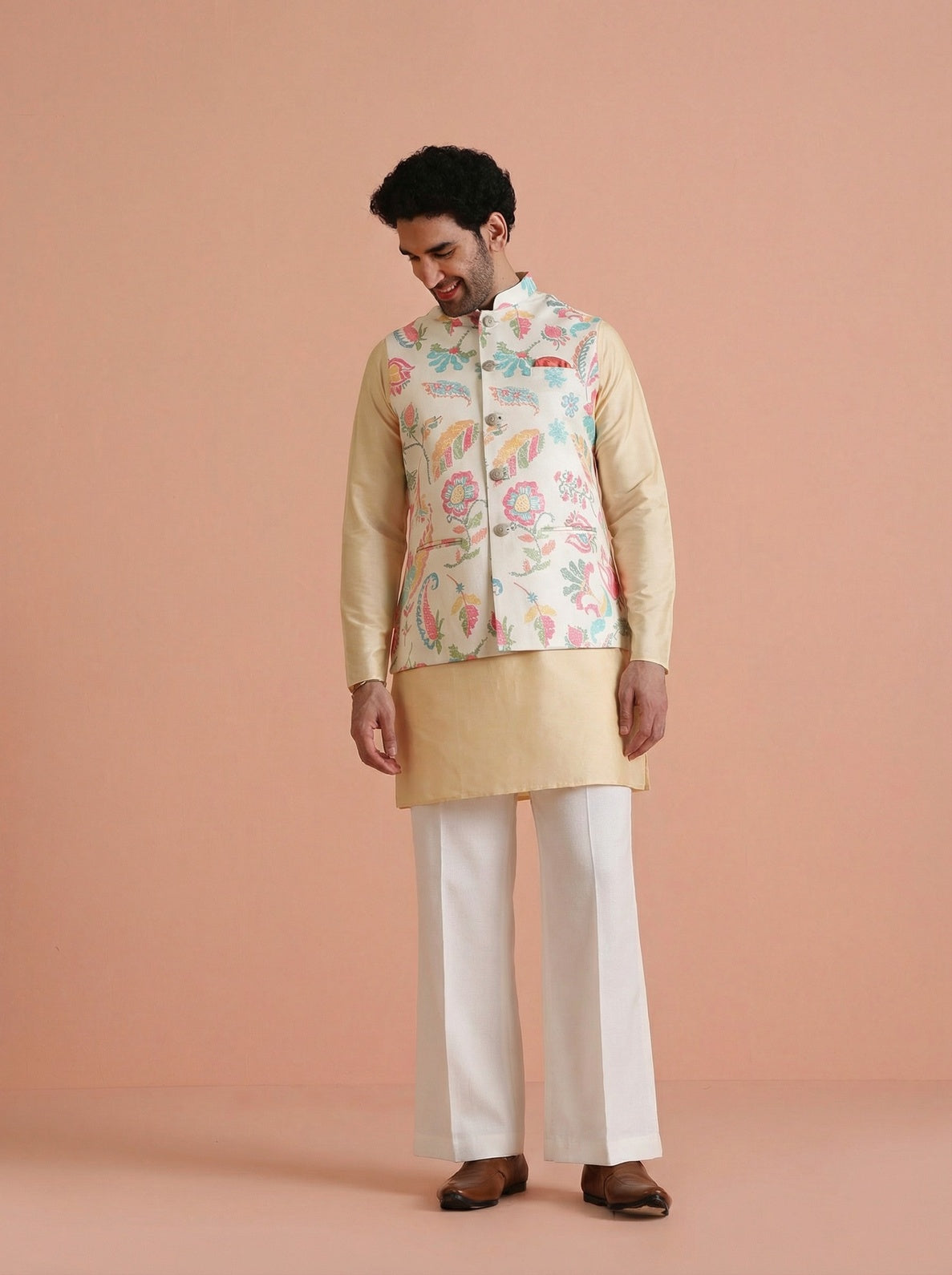Cream Cotton Blend Printed Mid Kurta Jacket Wide Leg Trouser Set