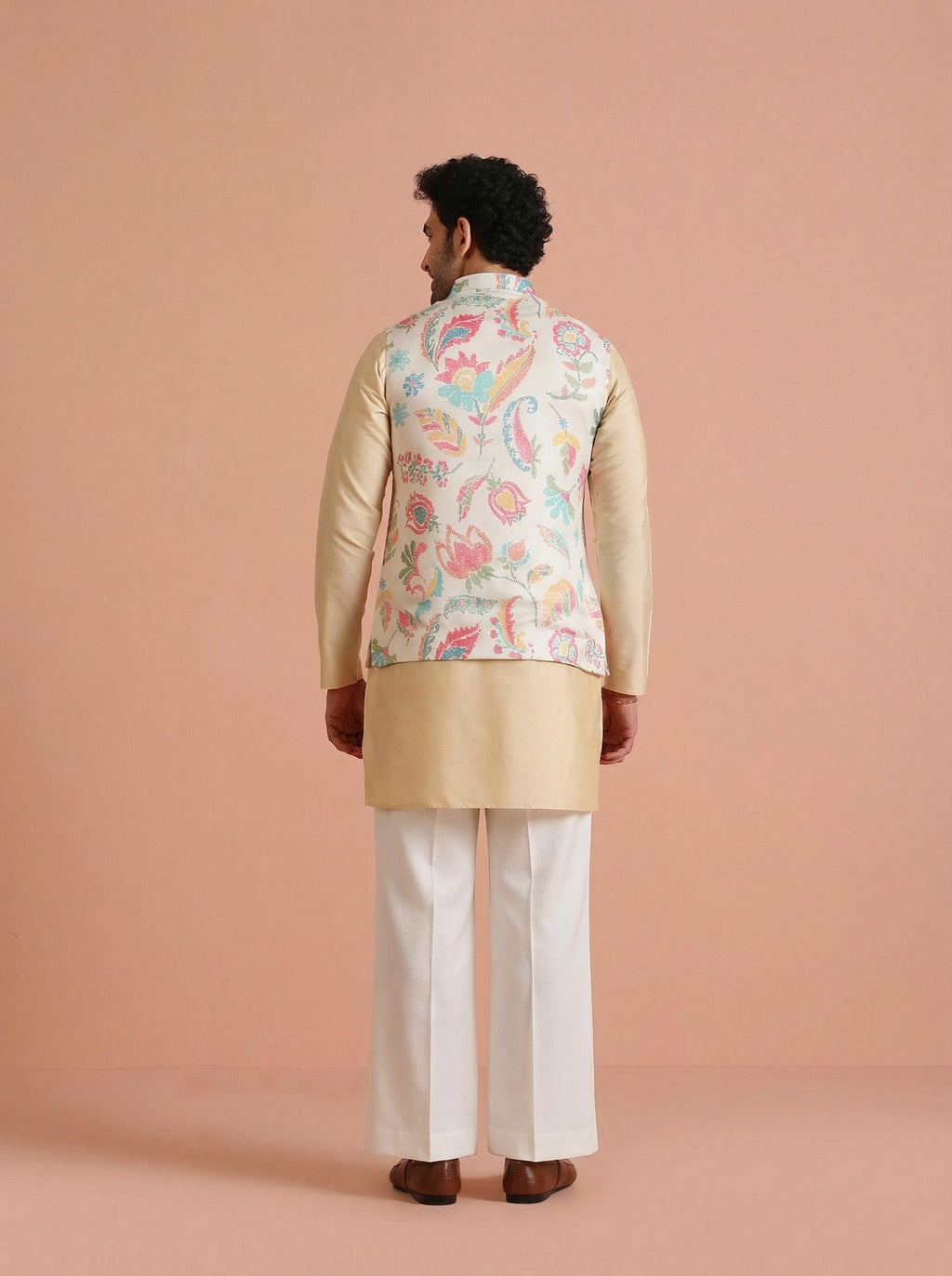 Cream Cotton Blend Printed Mid Kurta Jacket Wide Leg Trouser Set