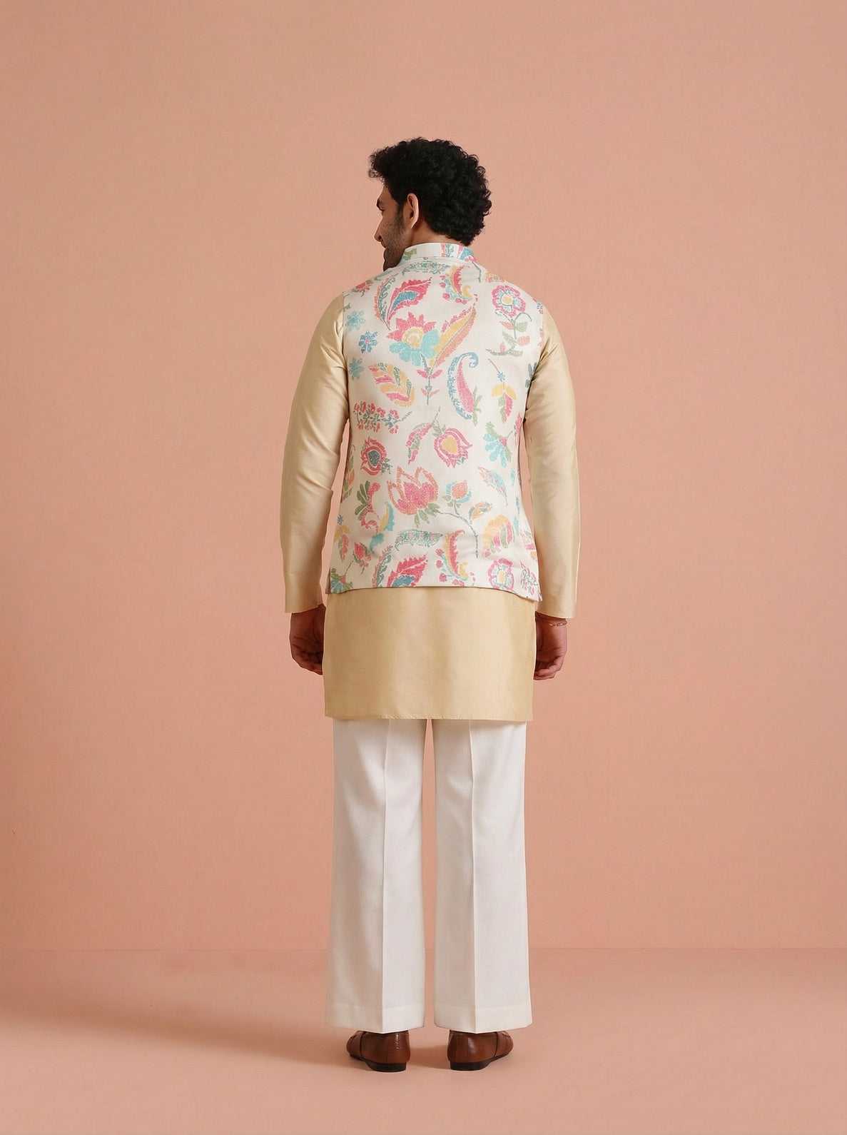 Cream Cotton Blend Printed Mid Kurta Jacket Wide Leg Trouser Set