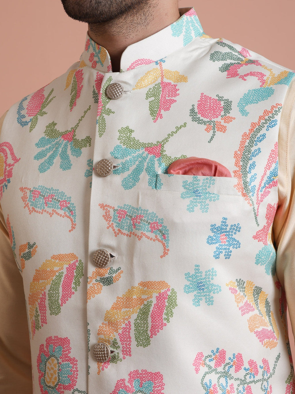 Cream Cotton Blend Printed Mid Kurta Jacket Wide Leg Trouser Set