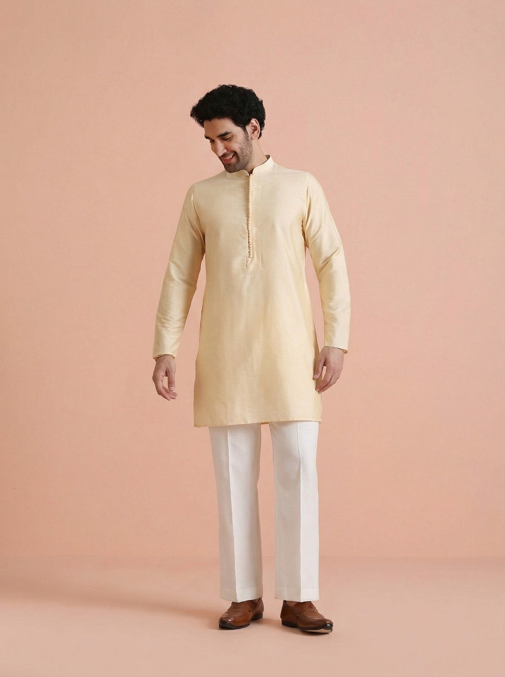 Cream Cotton Blend Printed Mid Kurta Jacket Wide Leg Trouser Set