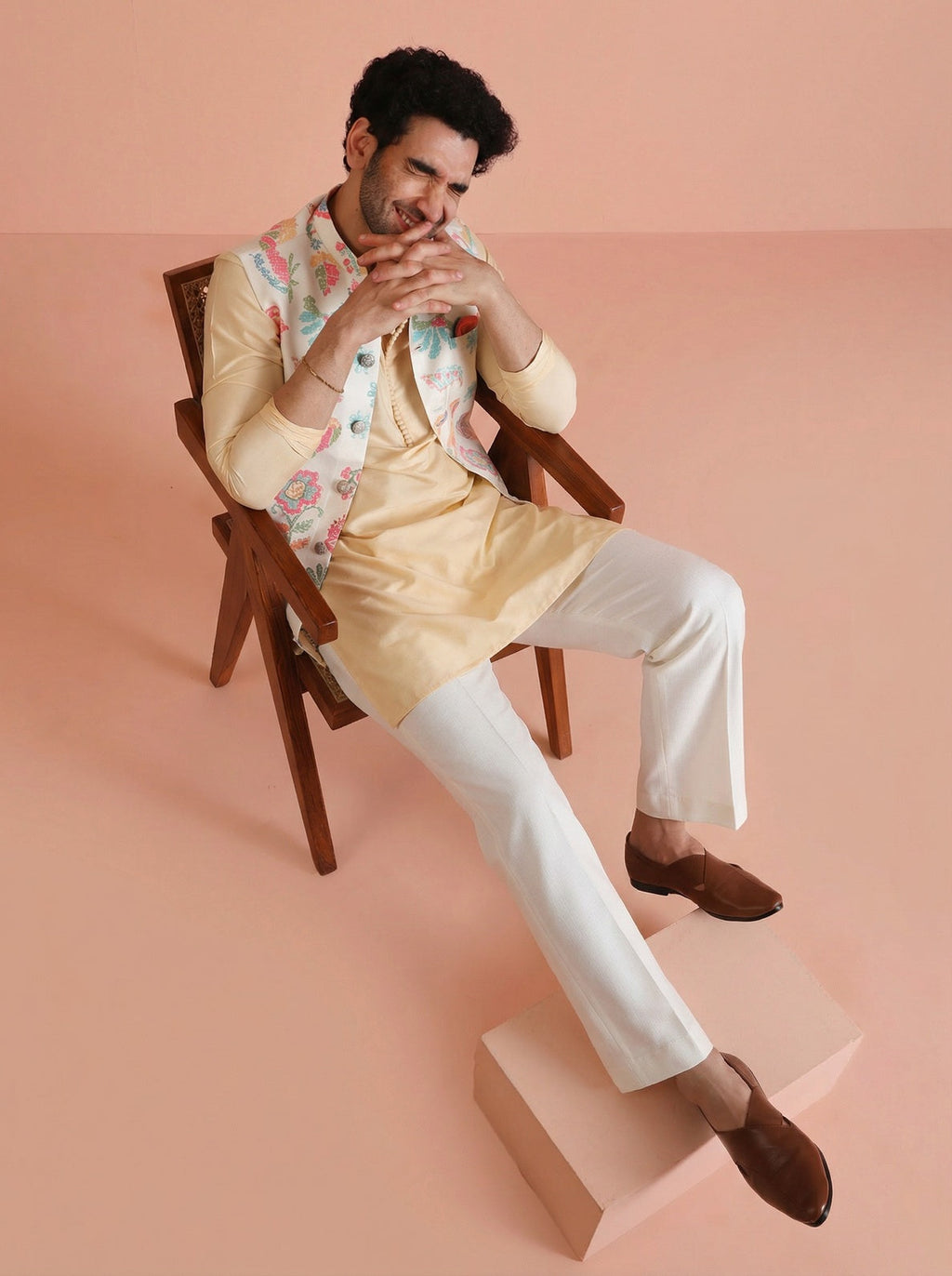Cream Cotton Blend Printed Mid Kurta Jacket Wide Leg Trouser Set