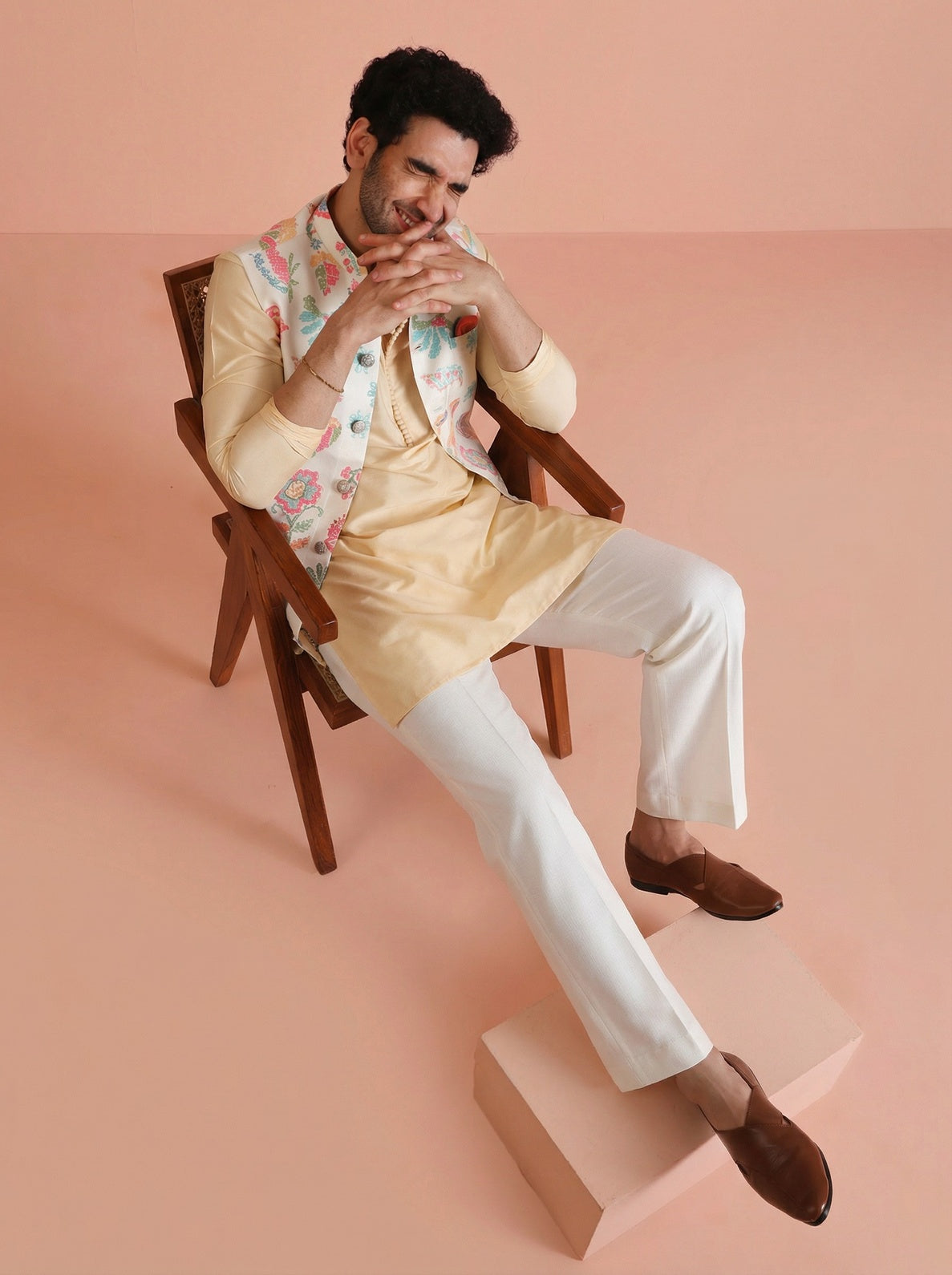 Cream Cotton Blend Printed Mid Kurta Jacket Wide Leg Trouser Set