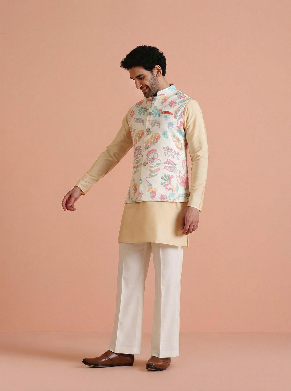 Cream Cotton Blend Printed Mid Kurta Jacket Wide Leg Trouser Set