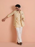 Cream Silk Blend Jacquard Mid Kurta Front Open Jacket Wide Leg Trouser Set