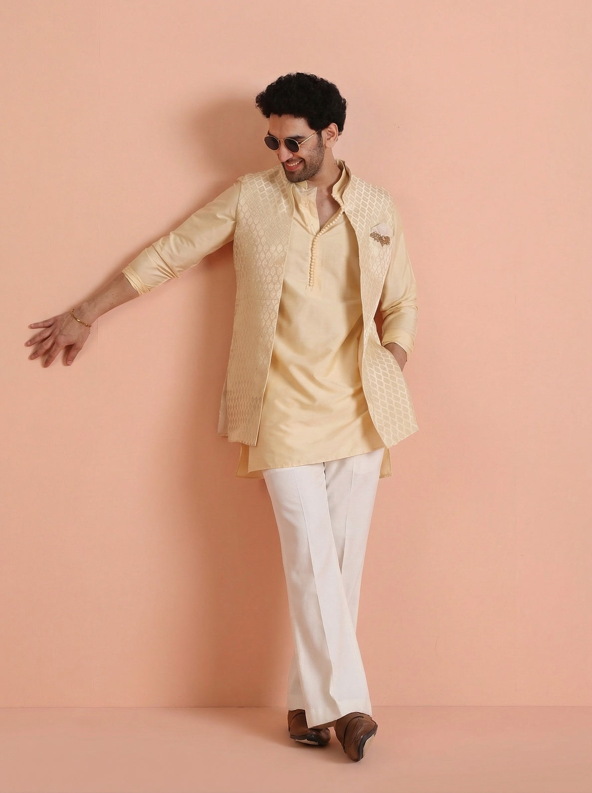 Cream Silk Blend Jacquard Mid Kurta Front Open Jacket Wide Leg Trouser Set