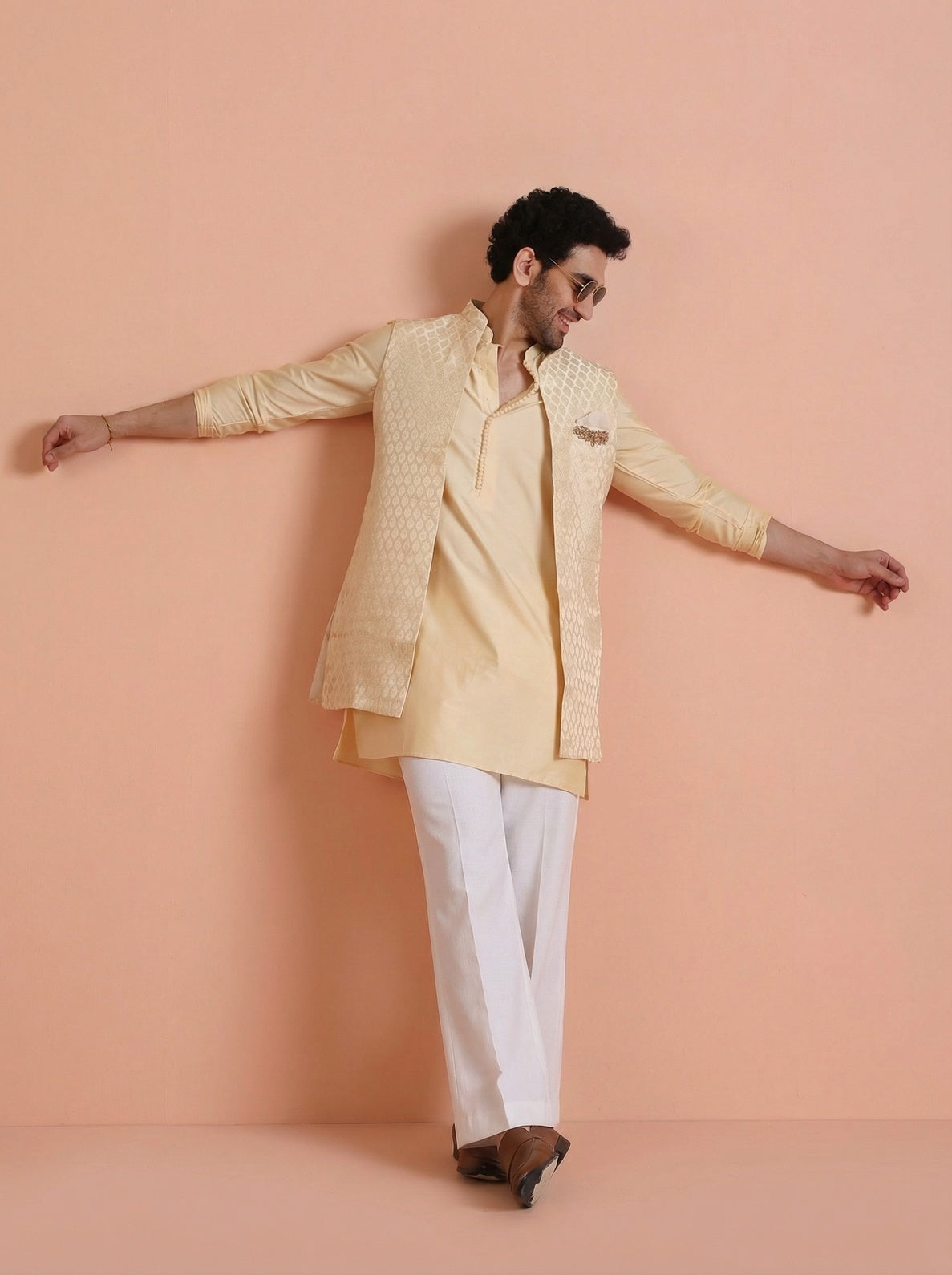 Cream Silk Blend Jacquard Mid Kurta Front Open Jacket Wide Leg Trouser Set