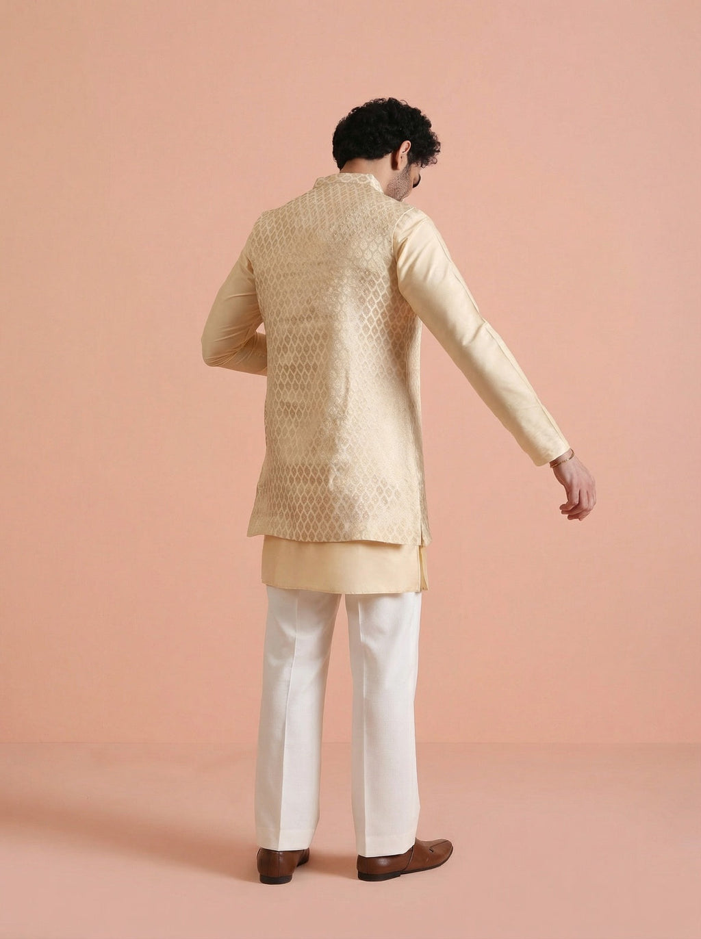 Cream Silk Blend Jacquard Mid Kurta Front Open Jacket Wide Leg Trouser Set