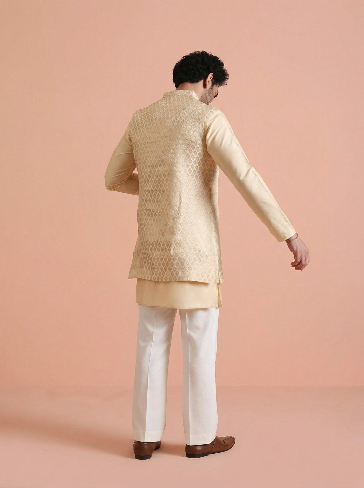Cream Silk Blend Jacquard Mid Kurta Front Open Jacket Wide Leg Trouser Set