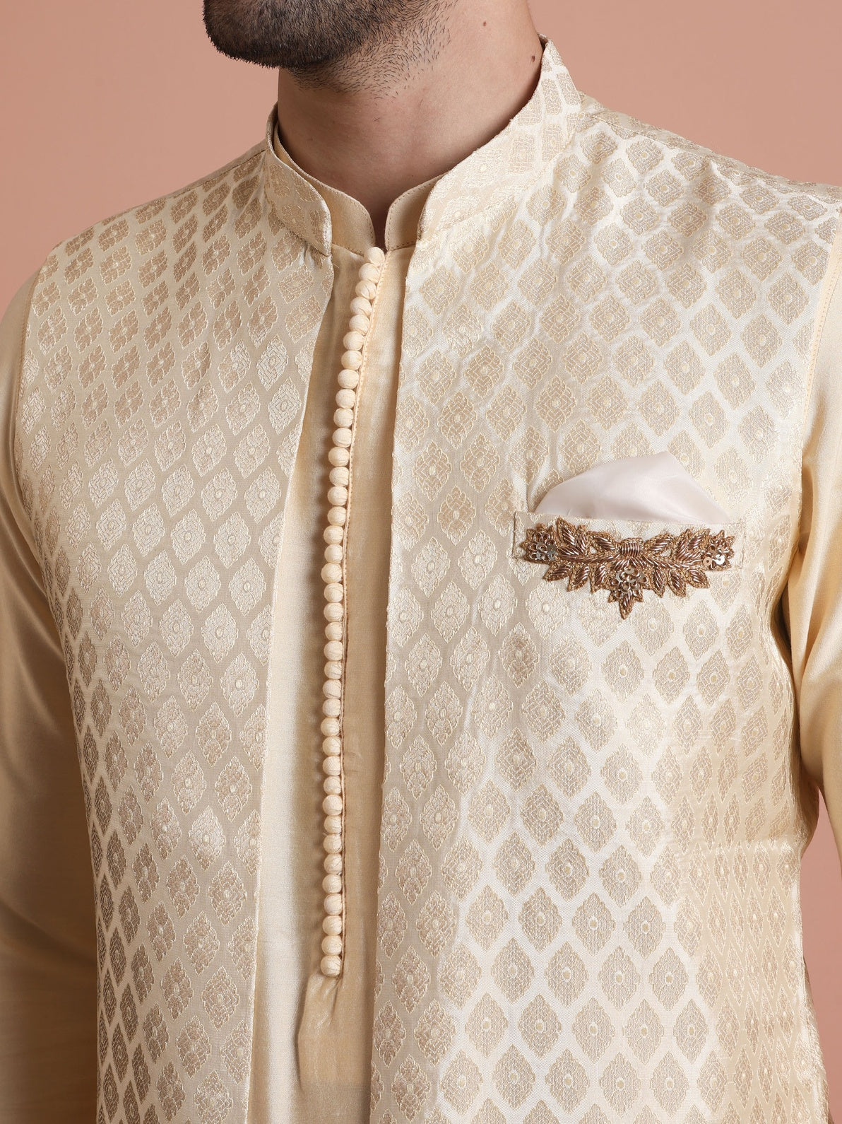 Cream Silk Blend Jacquard Mid Kurta Front Open Jacket Wide Leg Trouser Set