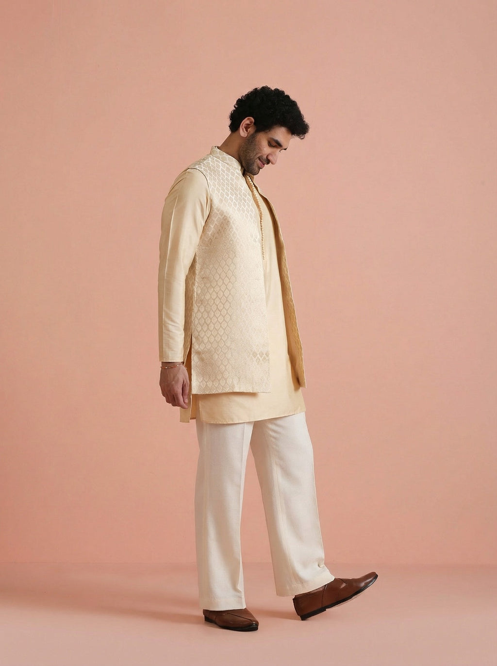 Cream Silk Blend Jacquard Mid Kurta Front Open Jacket Wide Leg Trouser Set