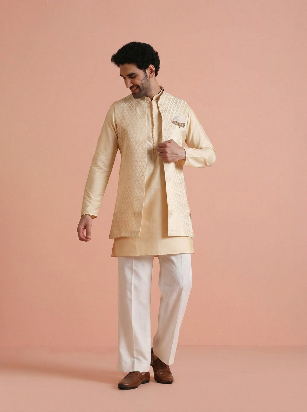 Cream Silk Blend Jacquard Mid Kurta Front Open Jacket Wide Leg Trouser Set
