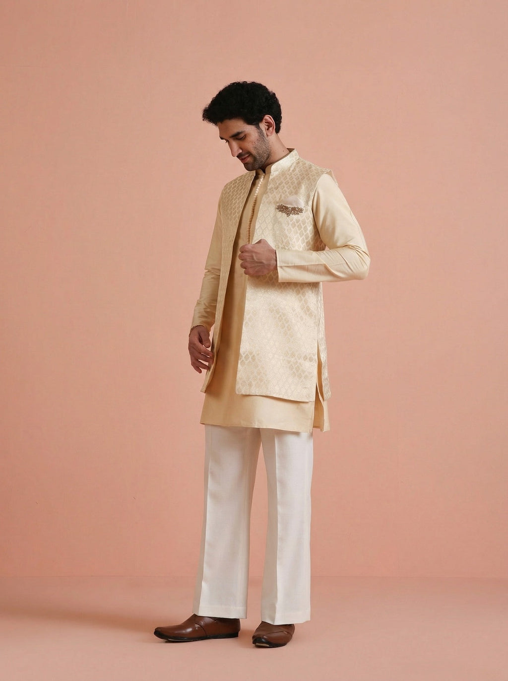 Cream Silk Blend Jacquard Mid Kurta Front Open Jacket Wide Leg Trouser Set