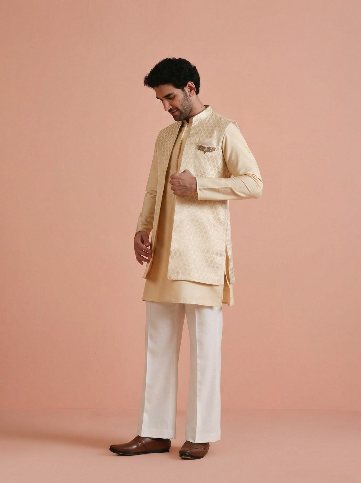 Cream Silk Blend Jacquard Mid Kurta Front Open Jacket Wide Leg Trouser Set