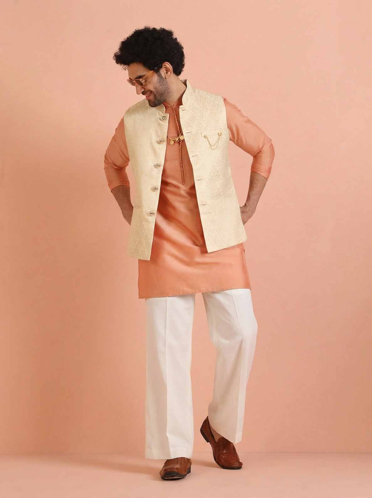 Cream Silk Blend Textured Mid Kurta Jacket Wide Leg Trouser Set