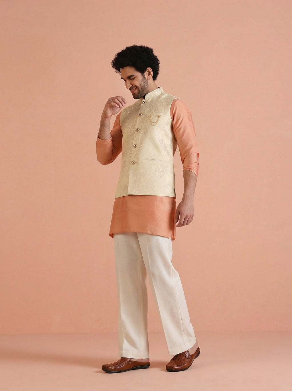 Cream Silk Blend Textured Mid Kurta Jacket Wide Leg Trouser Set