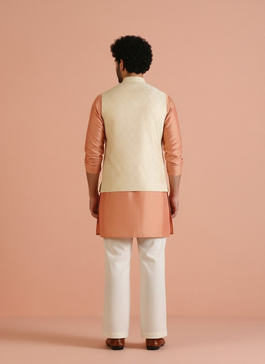 Cream Silk Blend Textured Mid Kurta Jacket Wide Leg Trouser Set