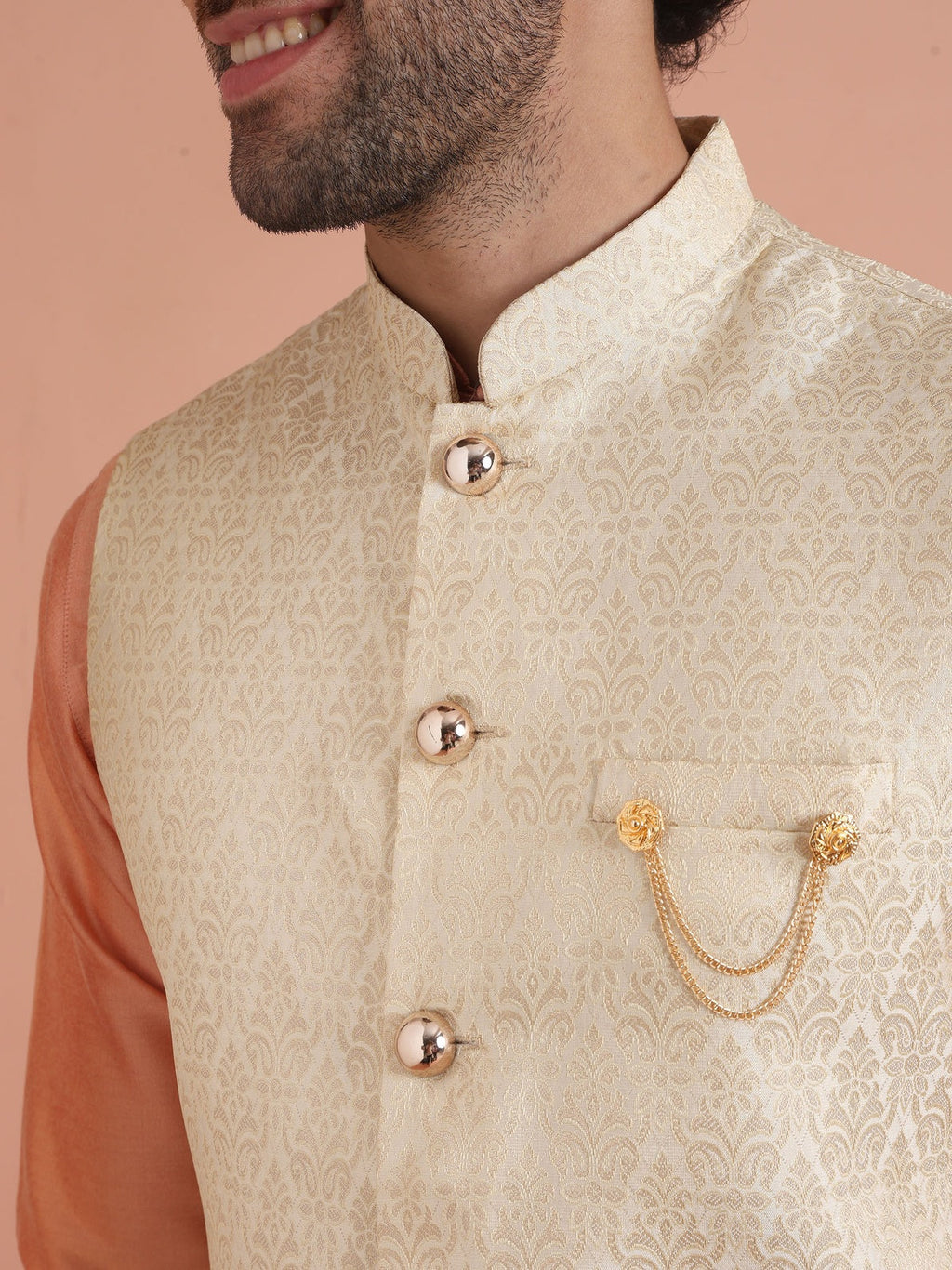 Cream Silk Blend Textured Mid Kurta Jacket Wide Leg Trouser Set