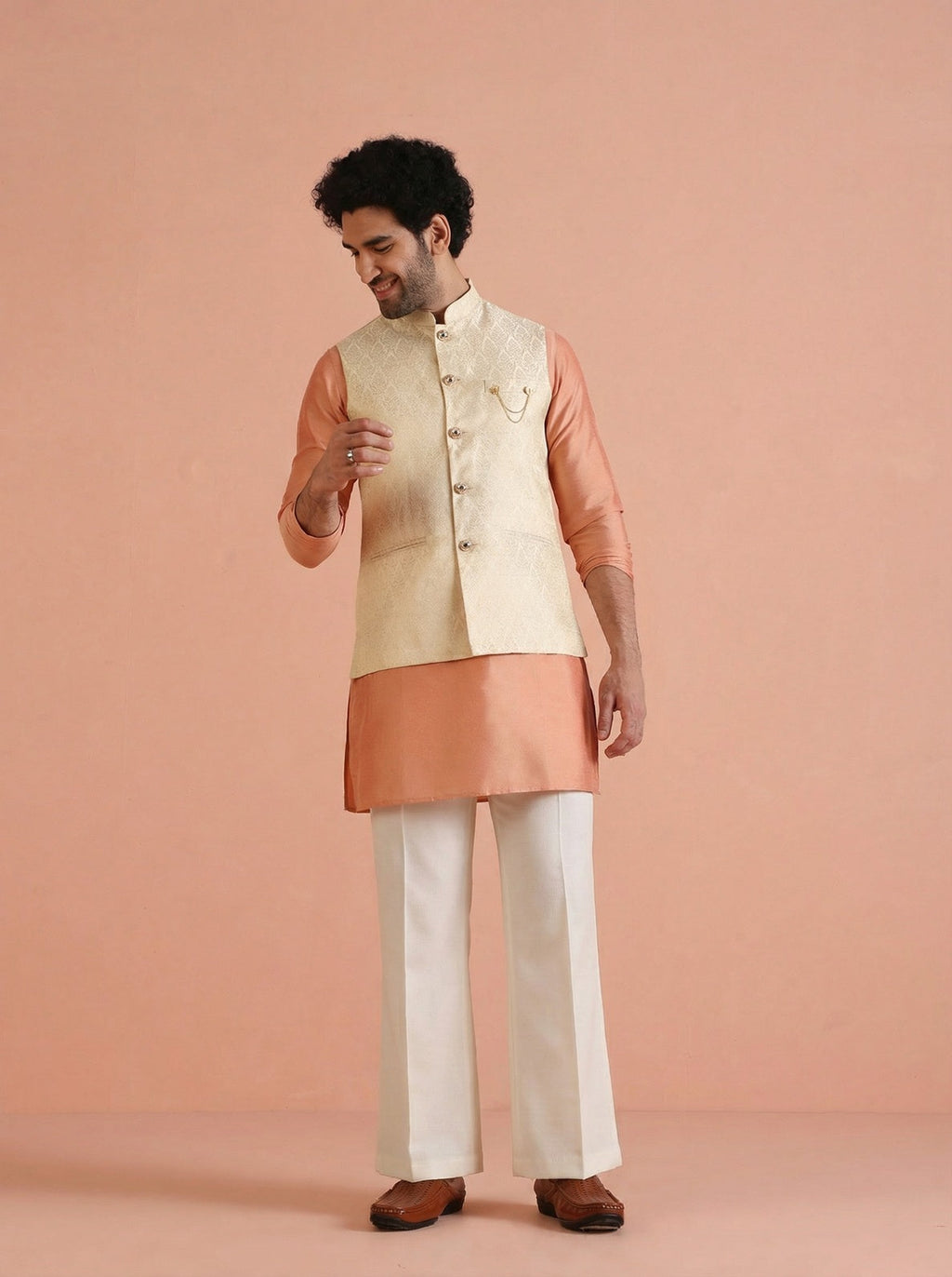 Cream Silk Blend Textured Mid Kurta Jacket Wide Leg Trouser Set