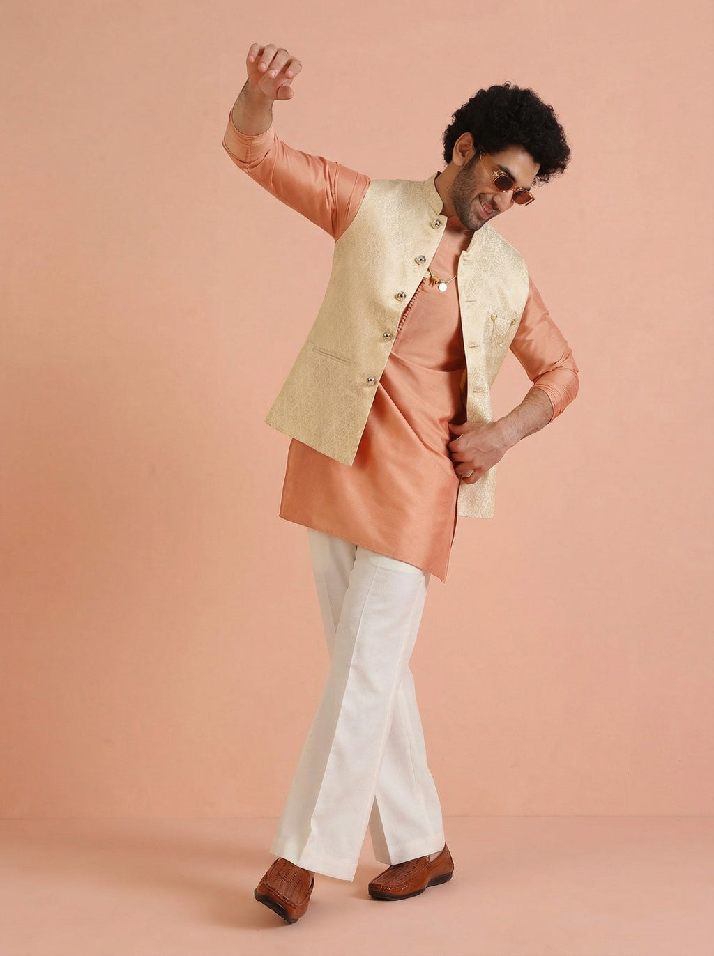 Cream Silk Blend Textured Mid Kurta Jacket Wide Leg Trouser Set