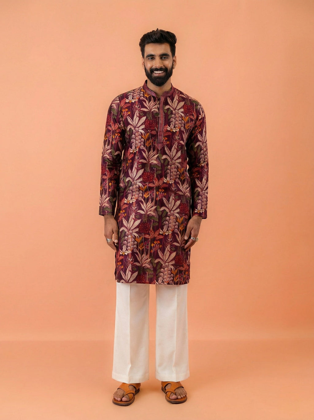 Maroon Cotton Blend Printed Kurta Wide Leg Trouser Set