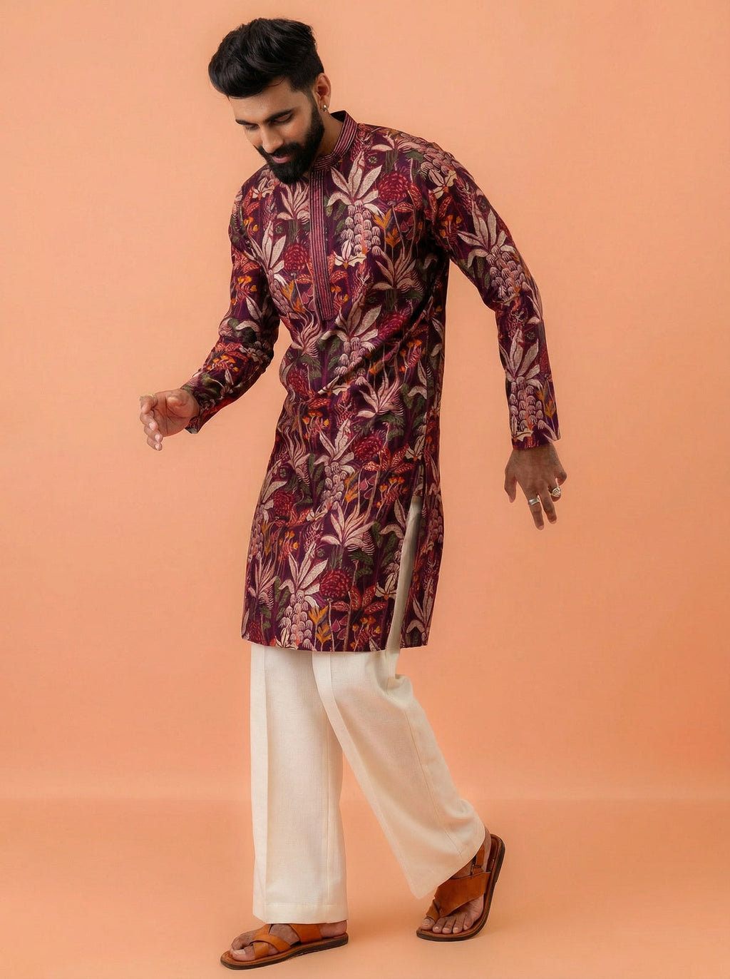 Maroon Cotton Blend Printed Kurta Wide Leg Trouser Set