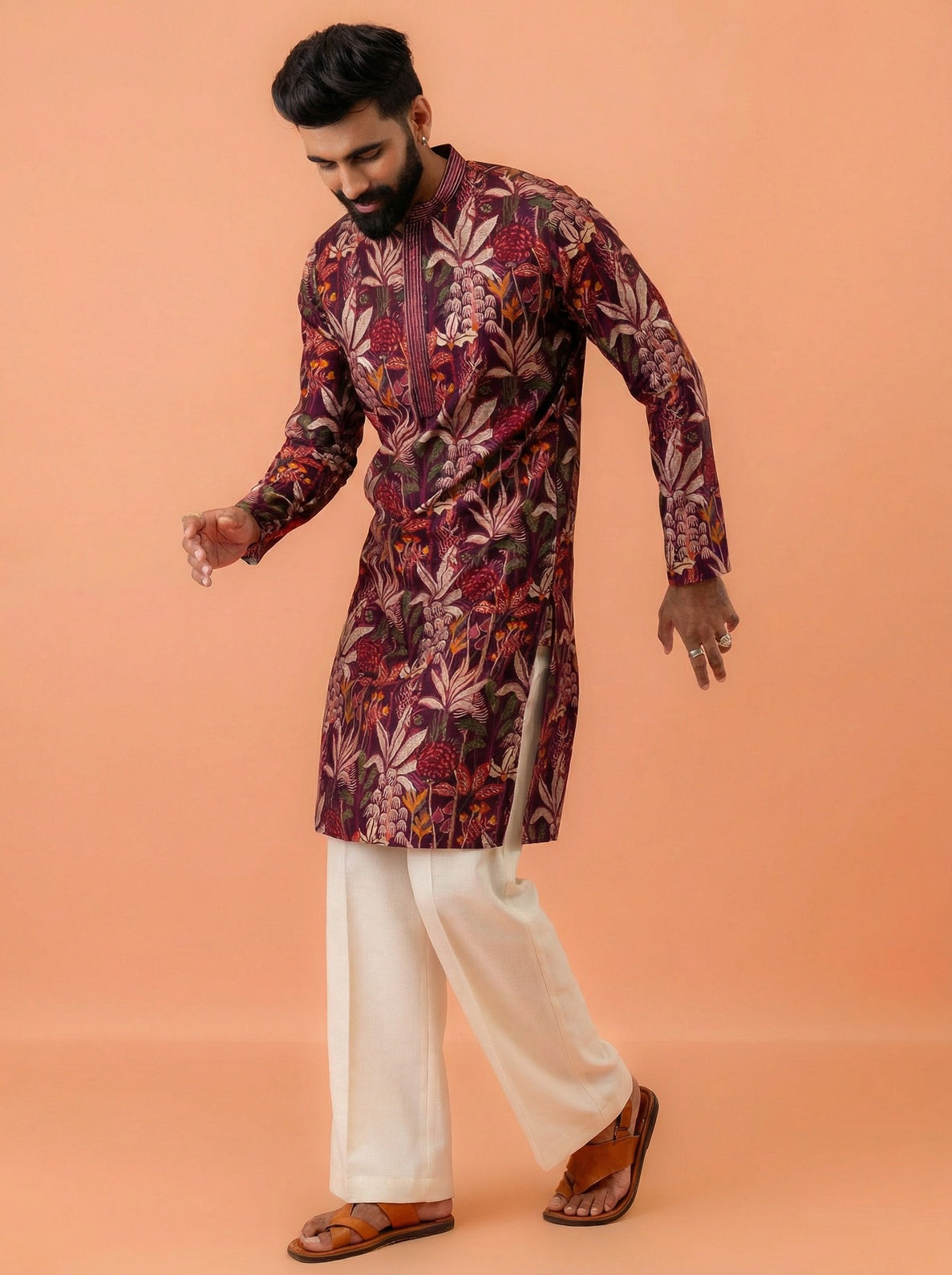 Maroon Cotton Blend Printed Kurta Wide Leg Trouser Set
