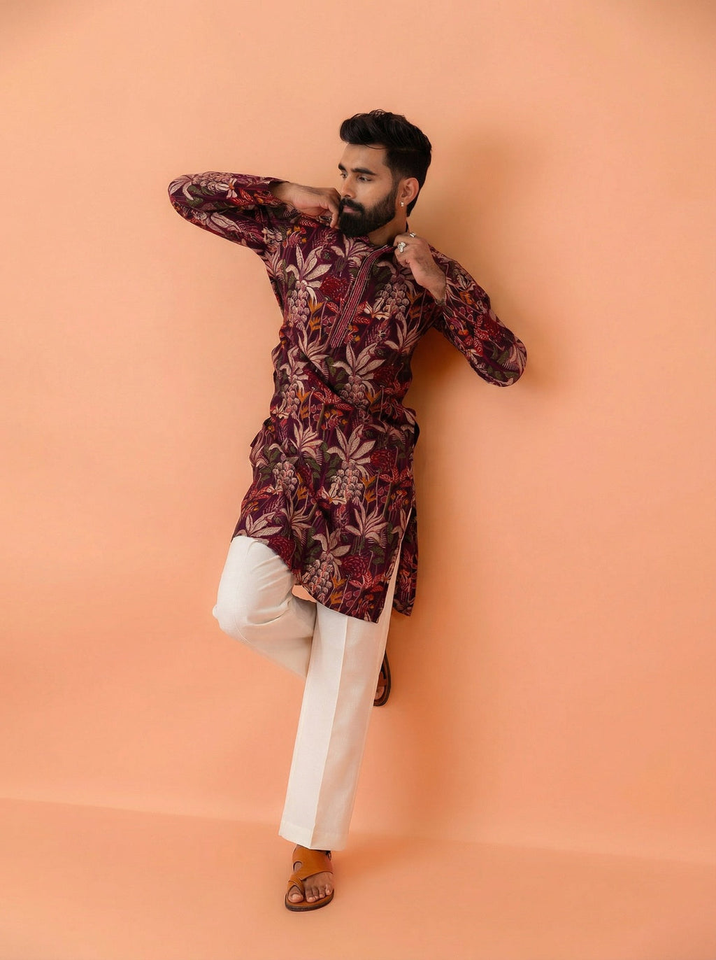 Maroon Cotton Blend Printed Kurta Wide Leg Trouser Set