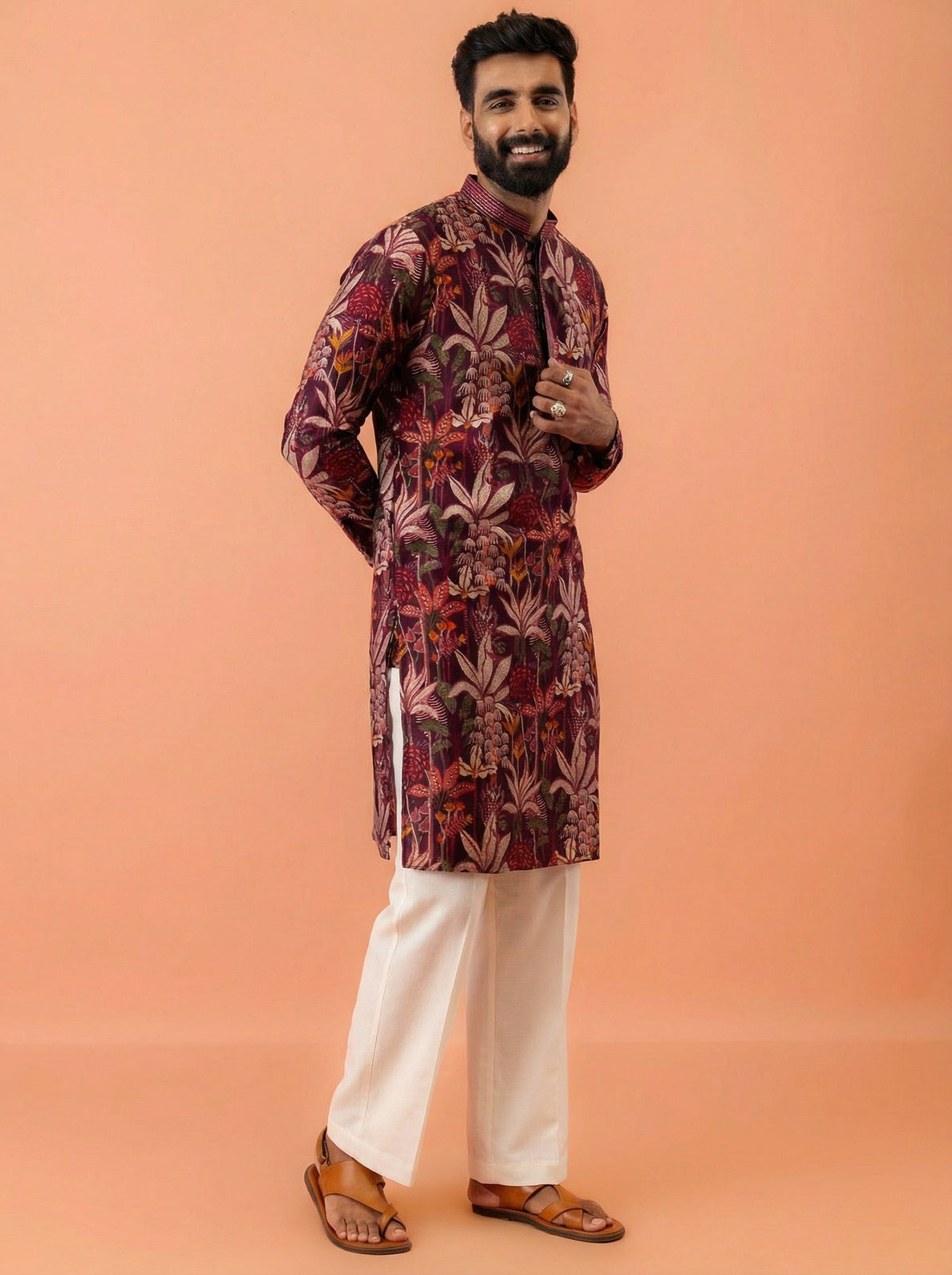 Maroon Cotton Blend Printed Kurta Wide Leg Trouser Set