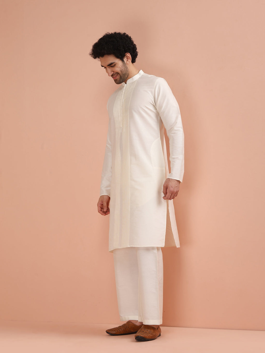 Cream Cotton Blend Solid Kurta Wide Leg Pant Set