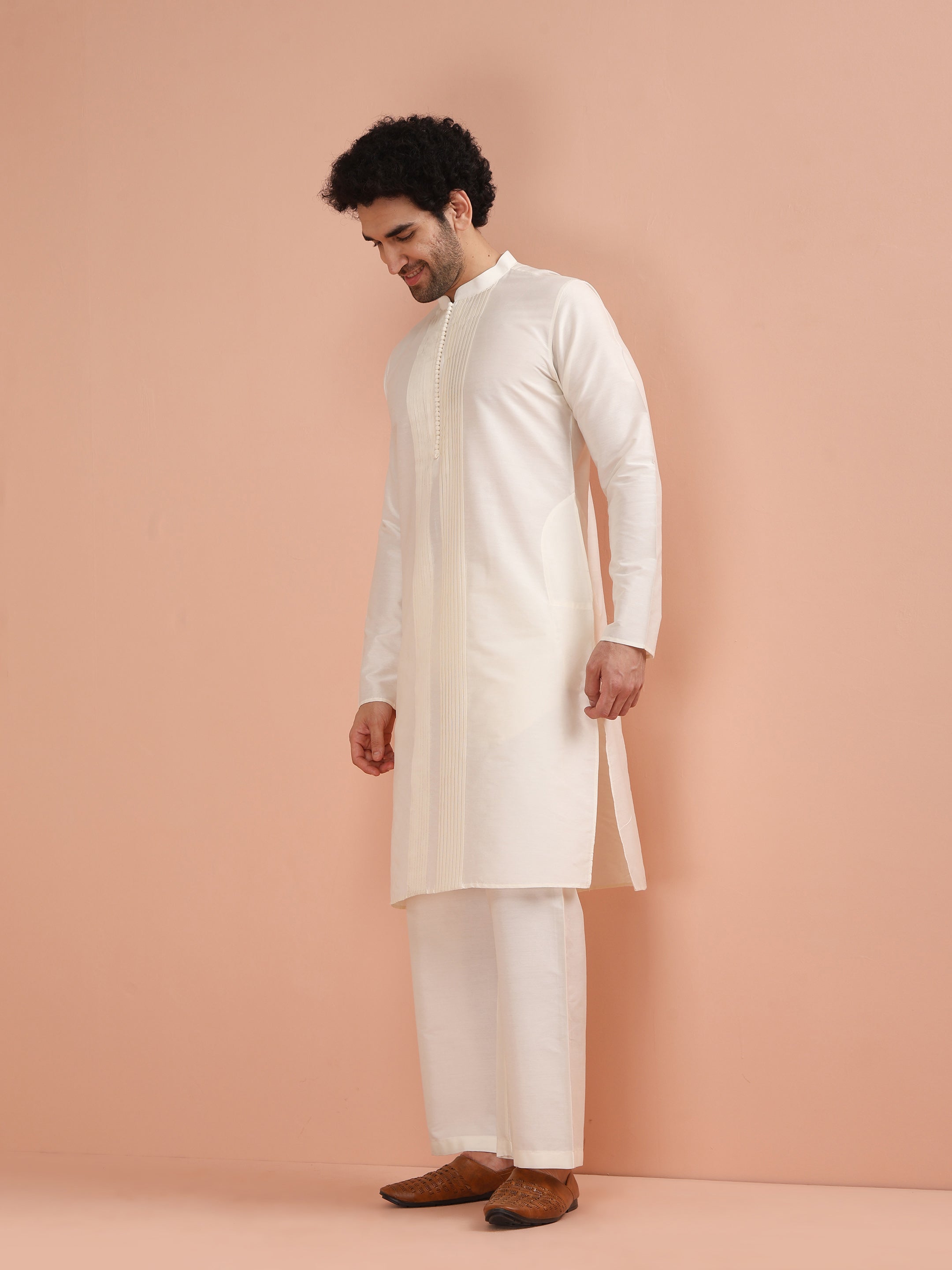 Cream Cotton Blend Solid Kurta Wide Leg Pant Set