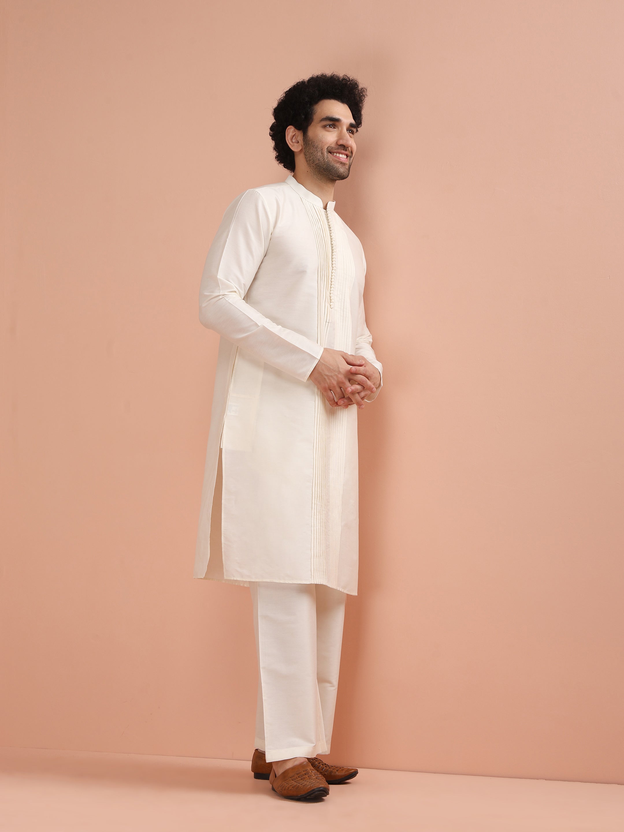 Cream Cotton Blend Solid Kurta Wide Leg Pant Set