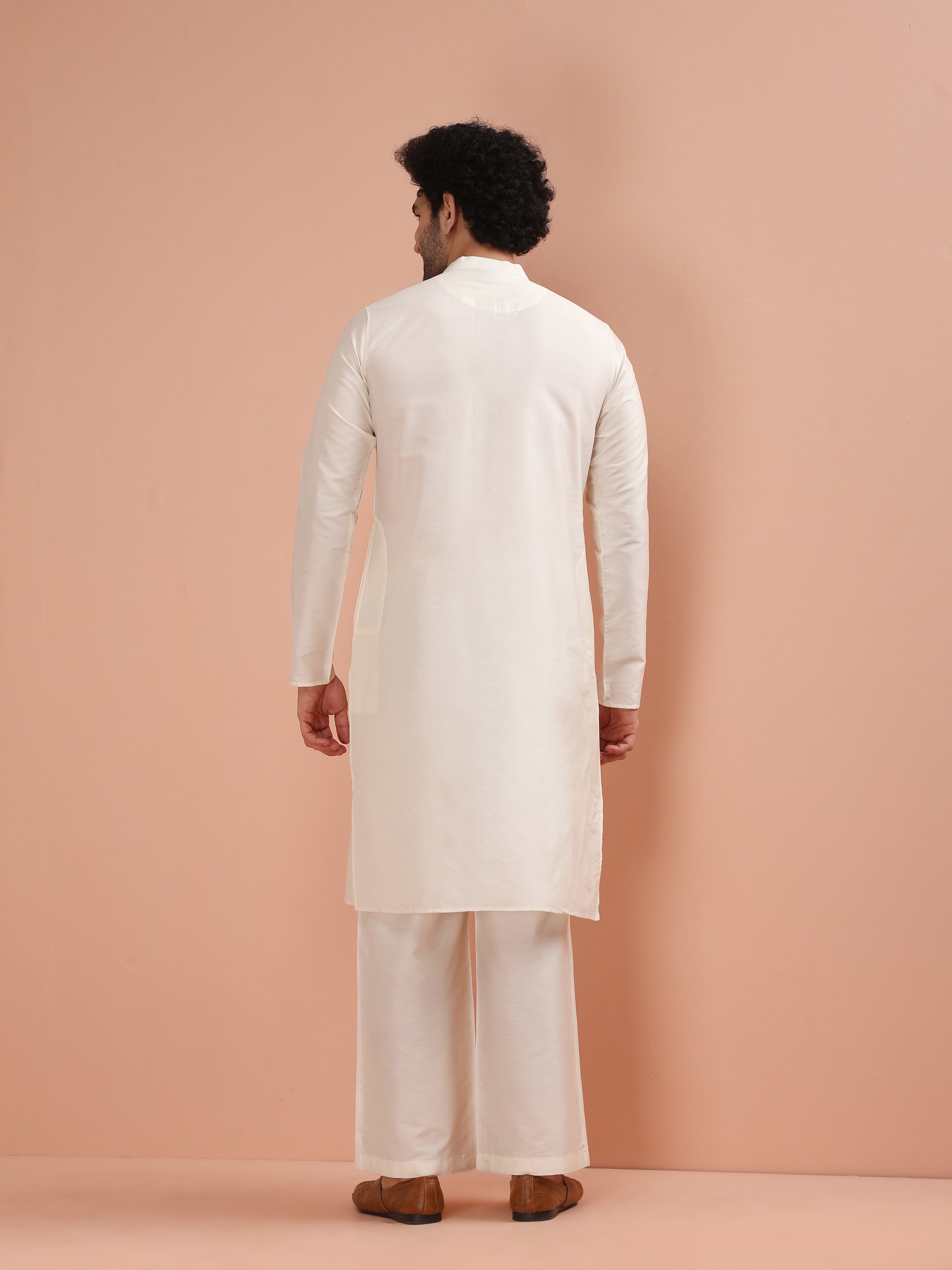 Cream Cotton Blend Solid Kurta Wide Leg Pant Set