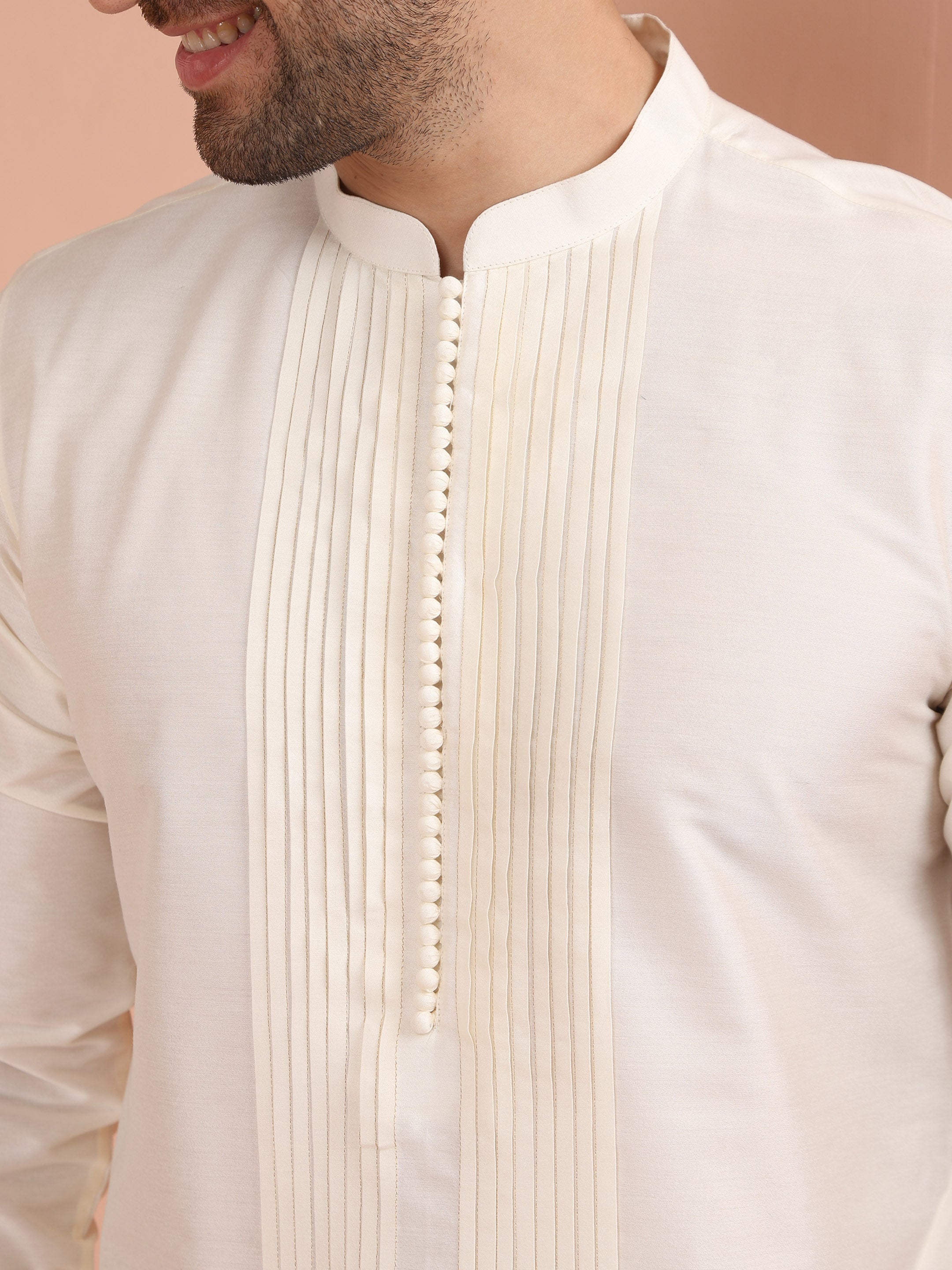 Cream Cotton Blend Solid Kurta Wide Leg Pant Set